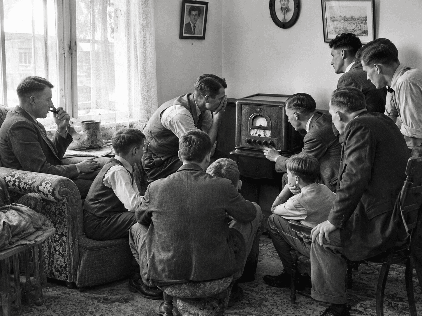 Vintage photograph of people gathered around a radio
