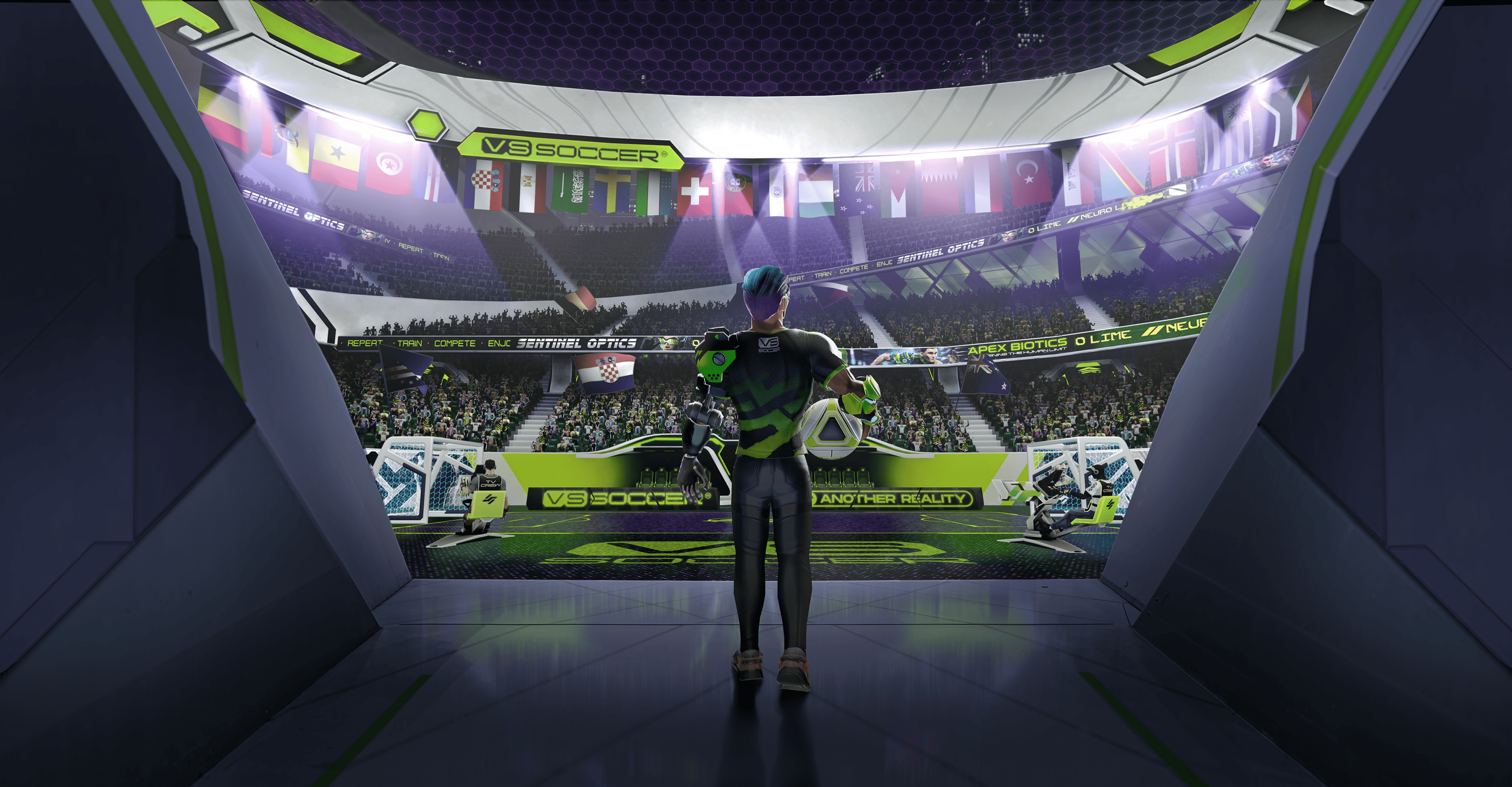 Player wearing VR goggles inside a VSSoccer stadium