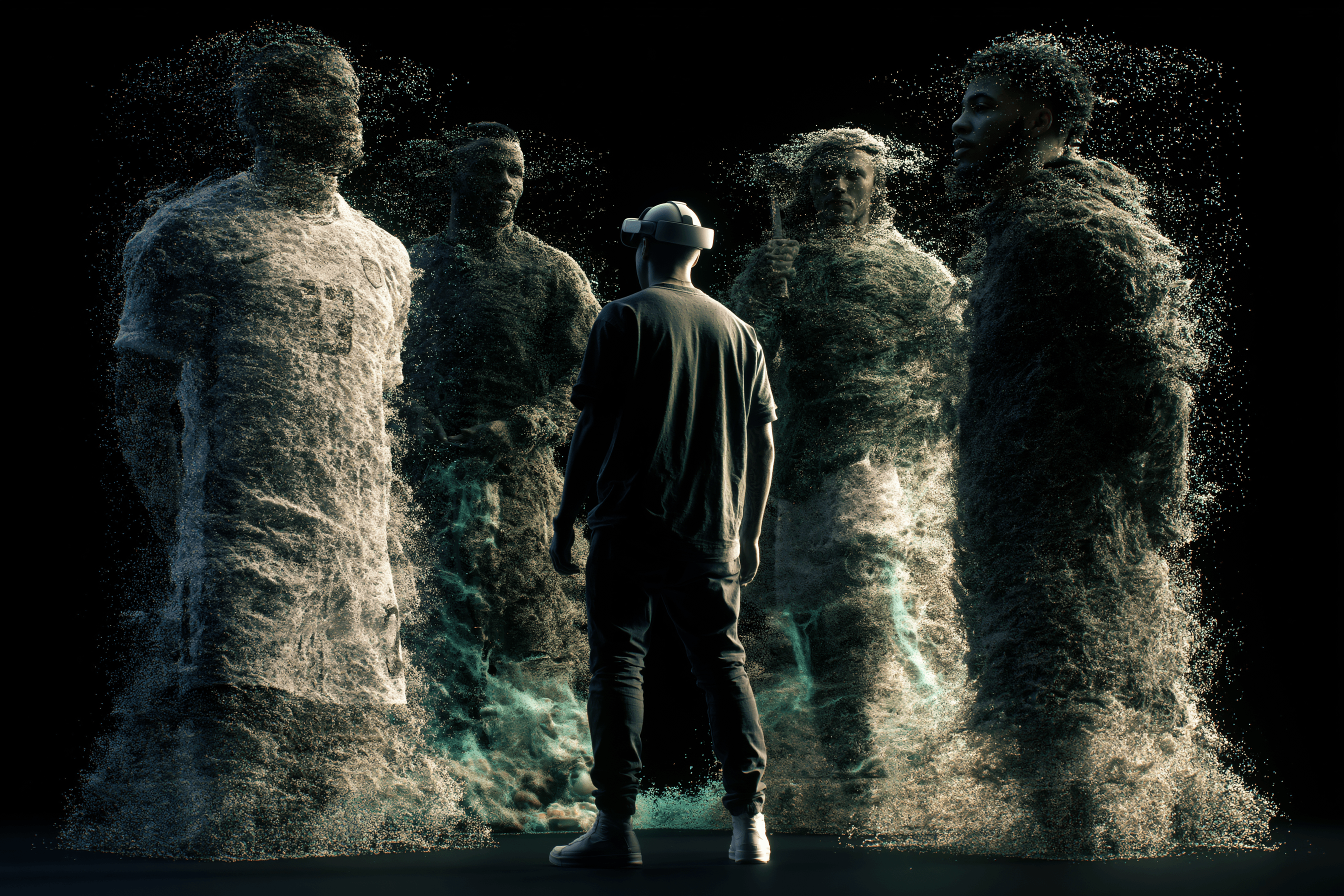 A fan standing face-to-face with football idols in an immersive space